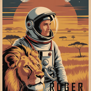 Roger Huston Lion Times Are Here Again - Vintage Spaceman Poster