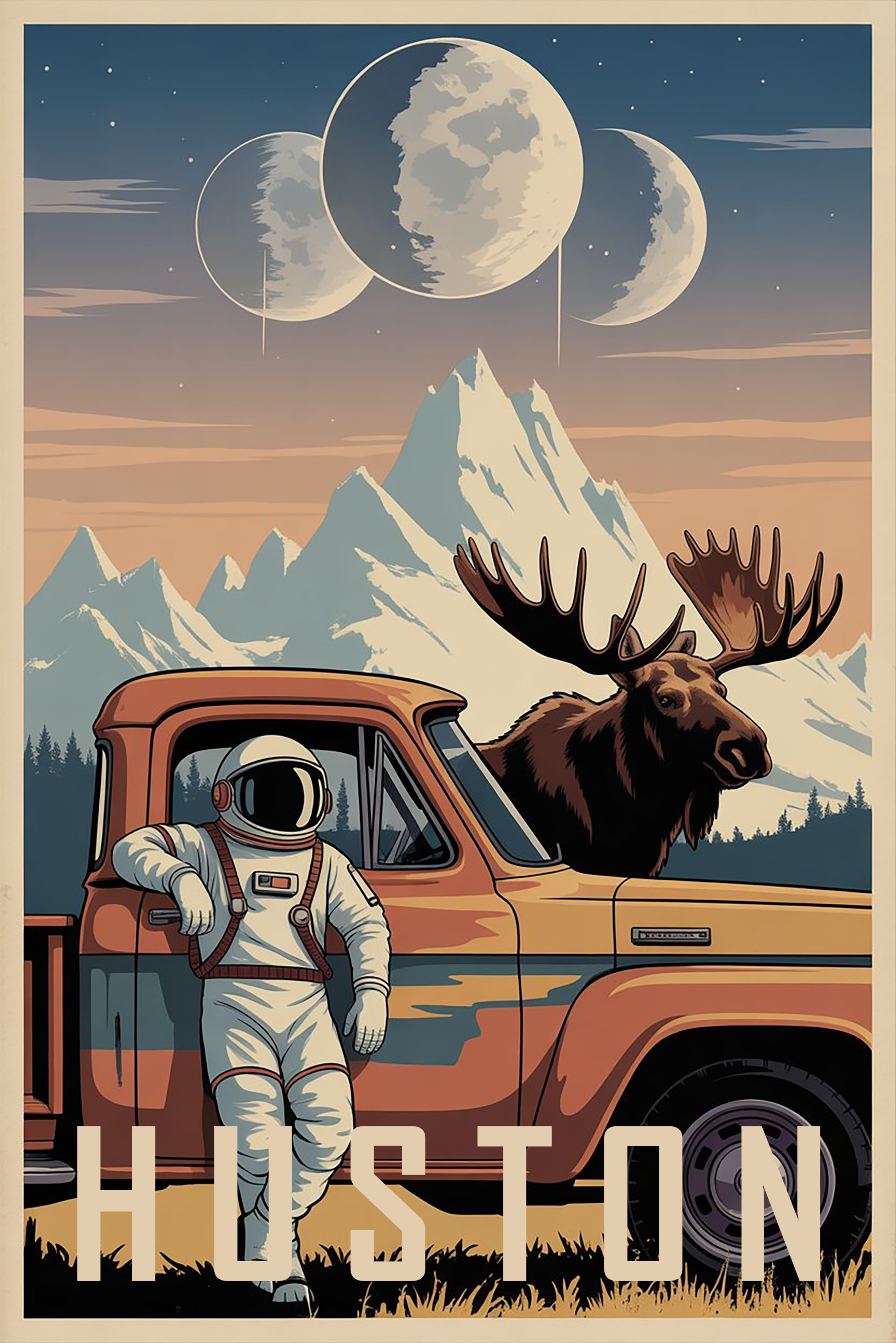Roger Huston Selfie Moose Planet P420 - Vintage Spaceman Poster